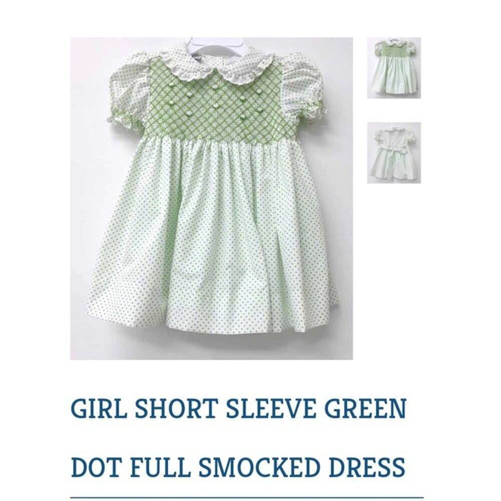 The Bumble Bee GIRLs SHORT SLEEVE GREEN DOT FULL Hand SMOCKED DRESS 18 Mths NWT